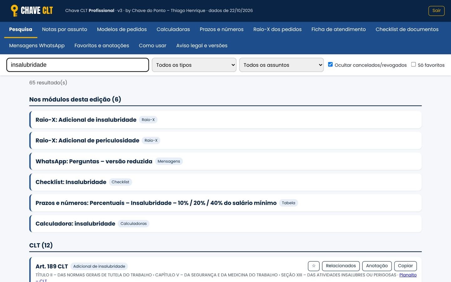 Tela real do Chave CLT: pesquisa por insalubridade com resultados da CLT, Raio-X e calculadoras