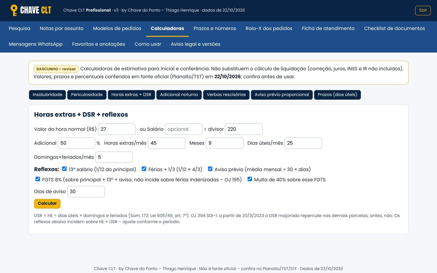 Calculadora de horas extras do Chave CLT